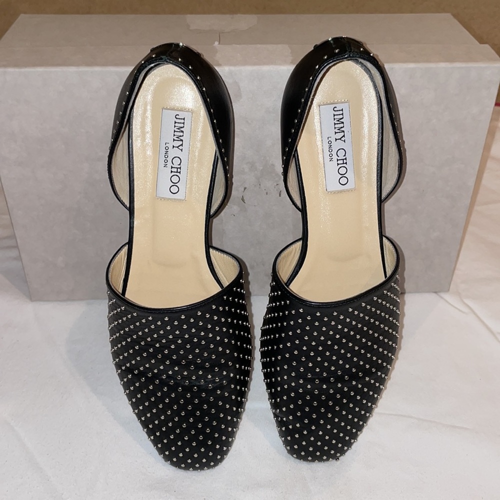 JIMMY CHOO Globe Flat Black Nappa Flats W/ Silver Micro Studs In Black/ Silver